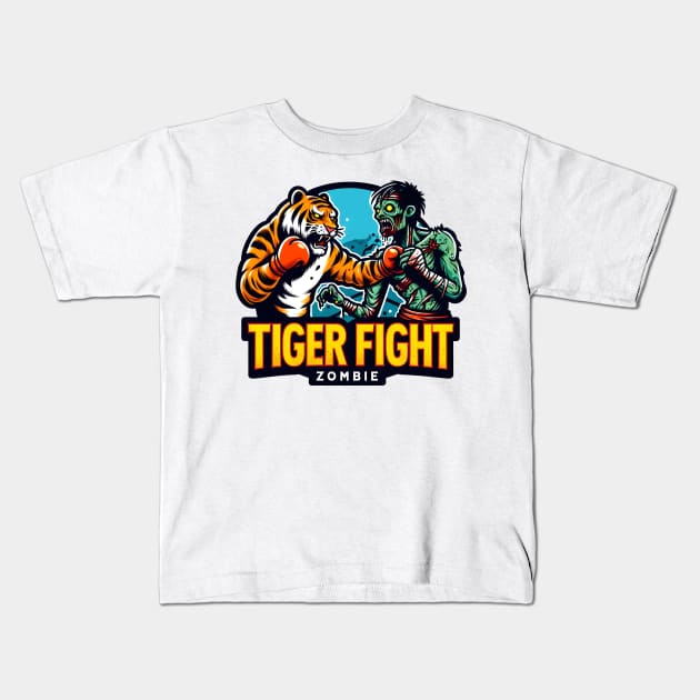 Tiger vs Zombie Fight Kids T-Shirt by Rawlifegraphic